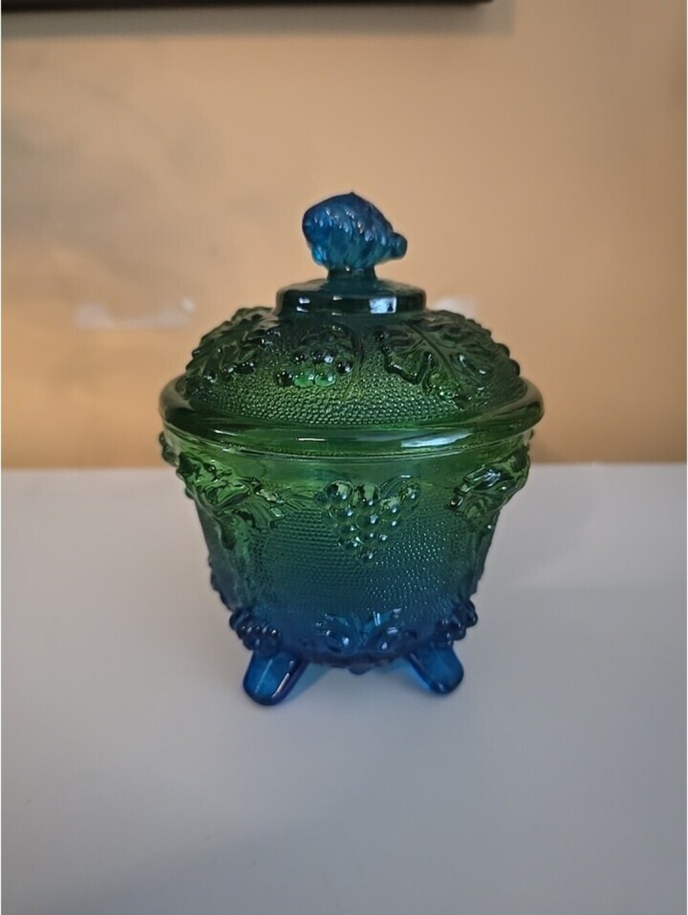 Jeannette Glass Blue Green Grape Covered Candy Dish Footed Jar Lid 5” Vintage